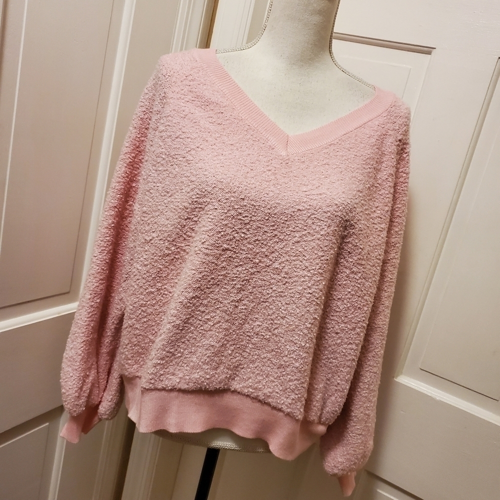 Soft & Cozy by Poof Light Pink Tery Vneck Pullover Size Lge, athlesiure, cssual